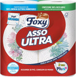 Foxy Asso Ultra | Asciugatutto 2 rotoli | Veli Plus+ Assorbenti e Resistenti | Decorato | Certificazione FSC |100% Energia elettrica rinnovabile| Confezione riciclabile prodotta con plastica riciclata