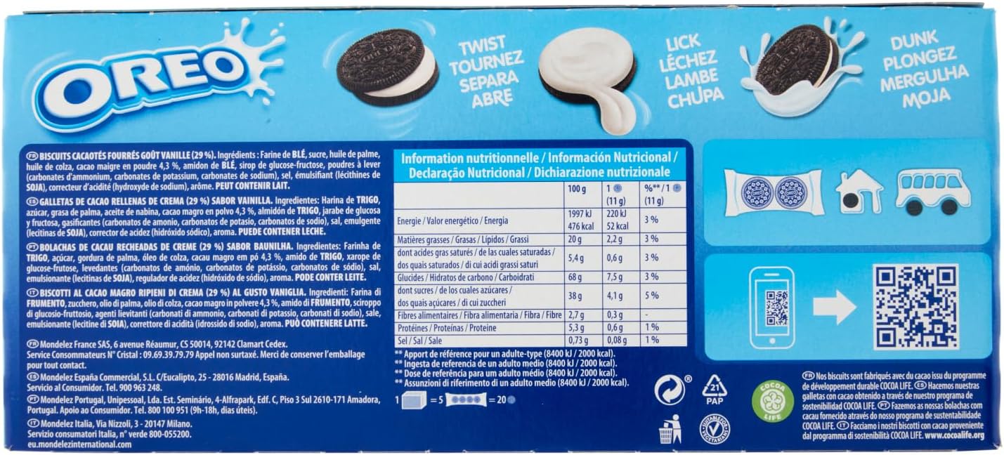Oreo Original, Biscotti al Cacao Ripieni di Crema al Gusto Vaniglia, 176g (4 monoporzioni da 44g)