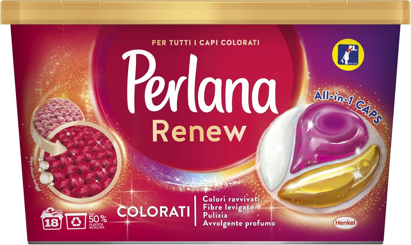 Perlana Renew Caps Colorati, detersivo lavatrice capsule, nuova formula 3in1, ideale per tutti i capi colorati, confezione singola da 18 lavaggi