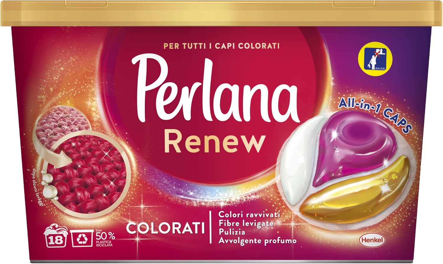 Perlana Renew Caps Colorati, detersivo lavatrice capsule, nuova formula 3in1, ideale per tutti i capi colorati, confezione singola da 18 lavaggi