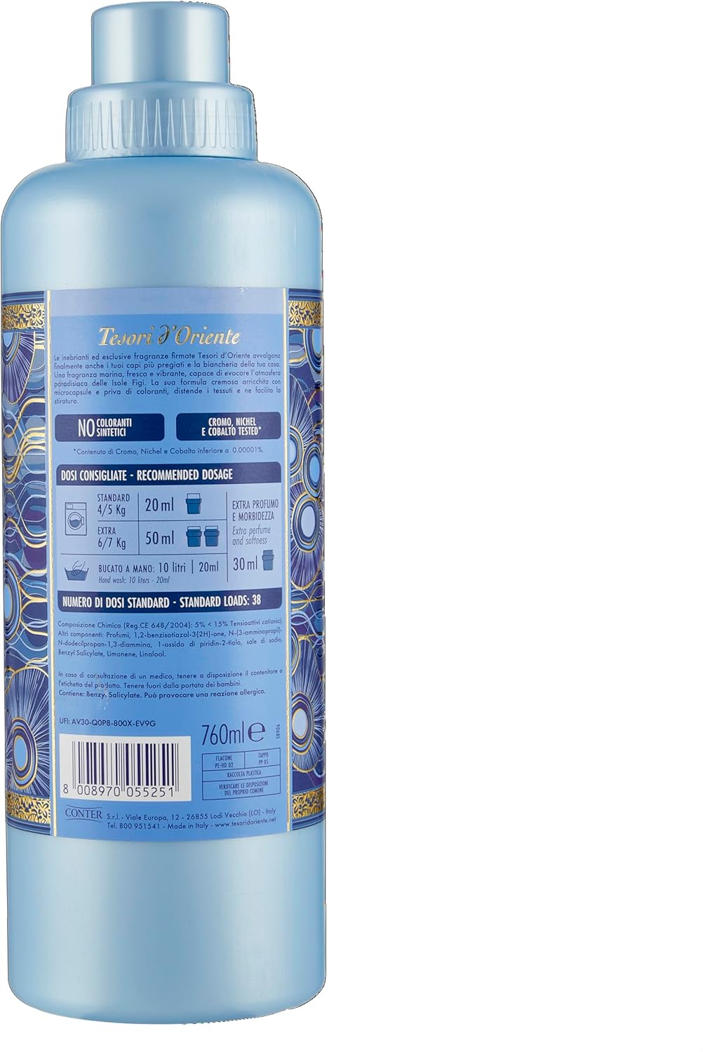 Tesori d'Oriente - Ammorbidente Lavatrice Concentrato Thalasso Therapy, Fragranza Fresca e Marina, con Antibatterico Naturale, Fino a 38 Lavaggi, con Microcapsule Per Capi Morbidi e Profumati, 760 ml