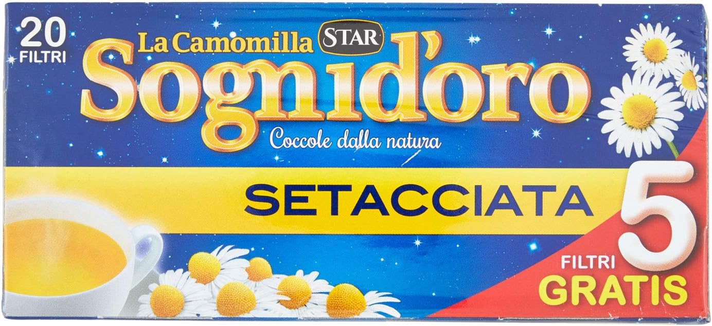 Camomilla Sogni d'oro setacciata, astuccio da 20 Filtri, concediti un po' di relax e sonni tranquilli, gusto inconfondibile e piacevole, pronta soli in 5 min.