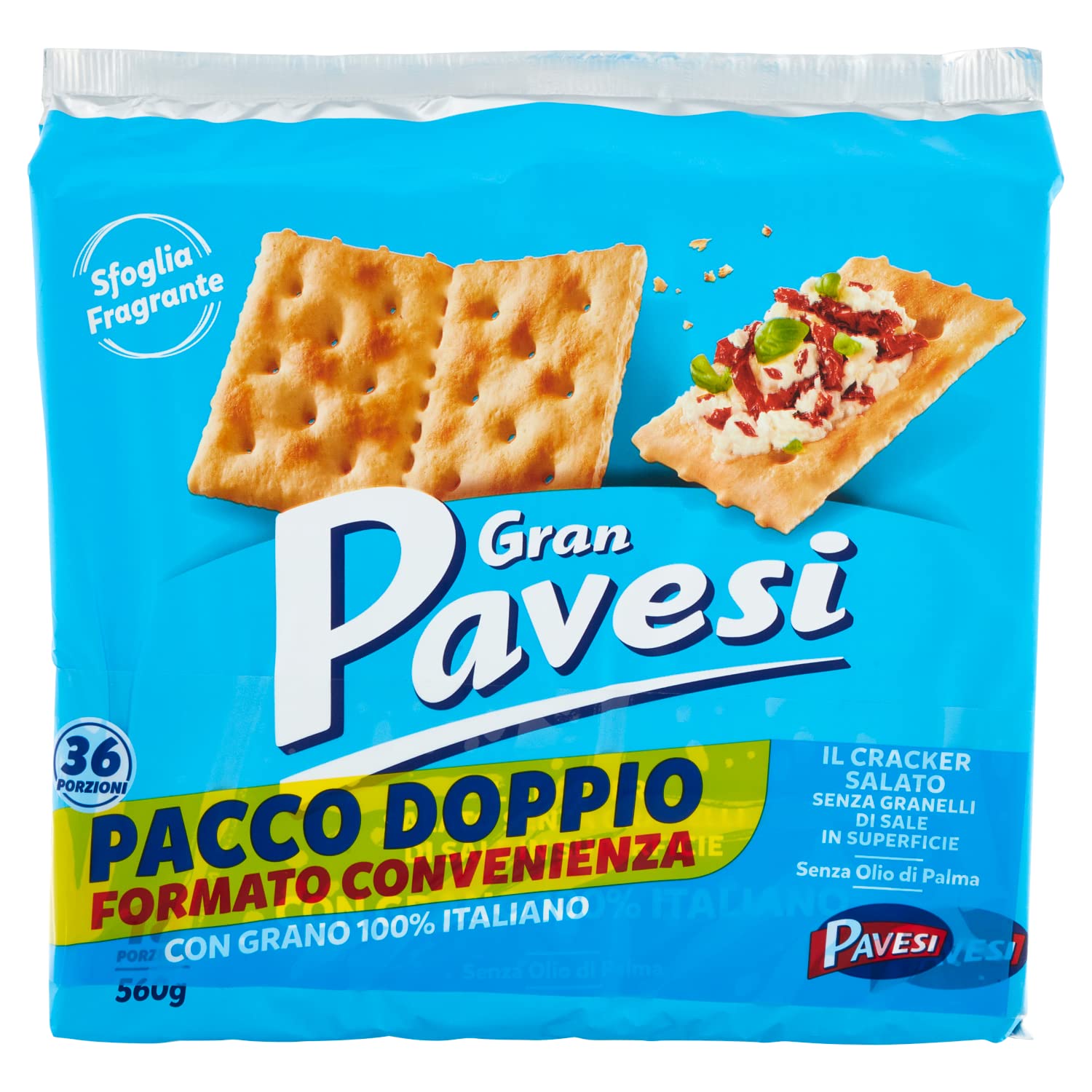 Gran Pavesi Cracker Salati Senza Granelli di Sale in Superficie con Grano 100% Italiano, Senza Olio di Palma, Snack Salato per la Merenda, Formato Bipacco con 36 Porzioni