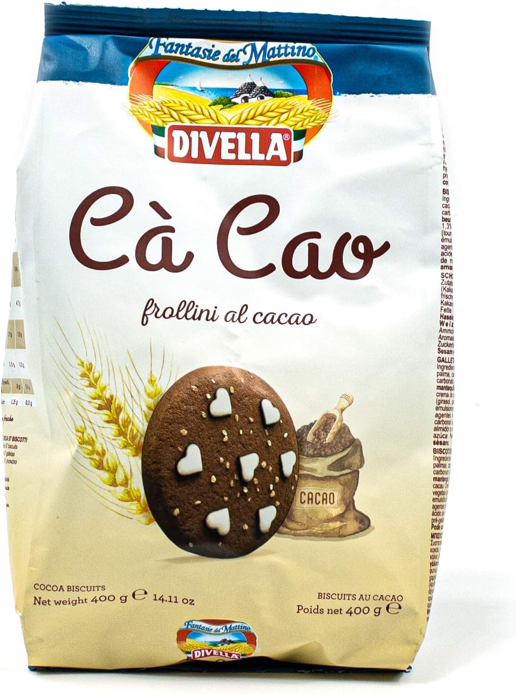 Divella Confezione da 10 Cà Cao frollini al cacao in confezione da 400 g Biscuits Chip Cookies Butter Biscotti con cacao e cristalli di zucchero impreziositi tradizionalmente italiani (dolciumi