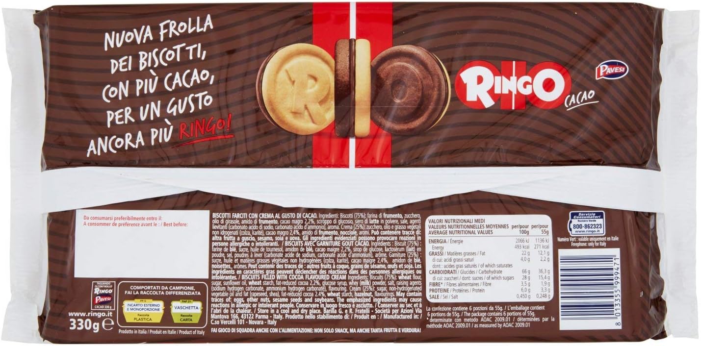 Pavesi Ringo Biscotti Farciti con Crema al gusto Cacao per Colazione o Gustoso Snack, Senza Olio di Palma, Formato Famiglia - Confezione da 6 X 55g