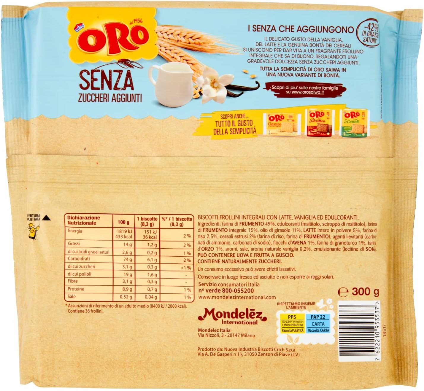 Oro Saiwa senza Zuccheri Aggiunti, Biscotti Integrali con Vaniglia, Latte e Cereali, Fonte di Fibre con Farina Integrale, 300g (6 monoporzioni da 50g)