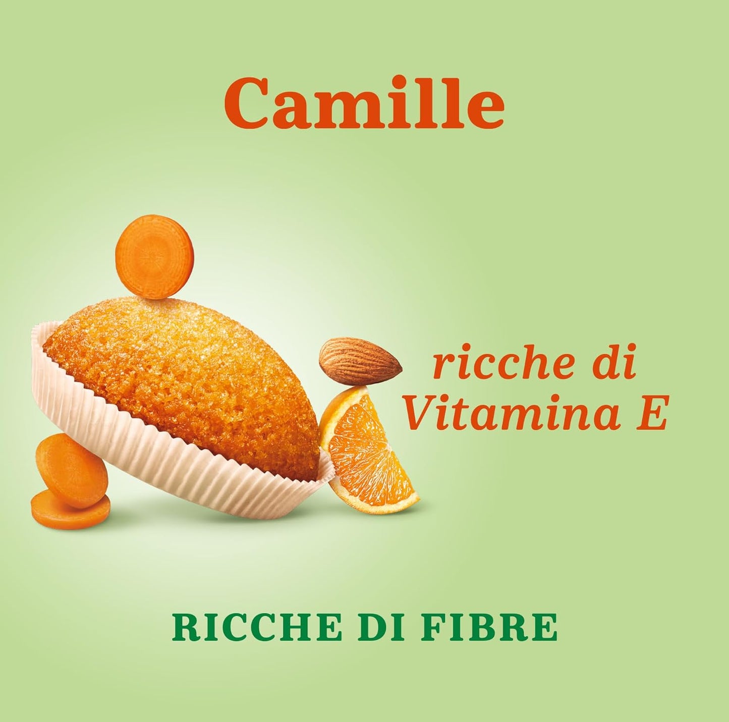 Mulino Bianco Merendine Camille con Carote, Mandorle e Succo d'Arancia, Ricche di Fibre, Snack Dolce per la Merenda, Confezione con 8 Monoporzioni, 304 g