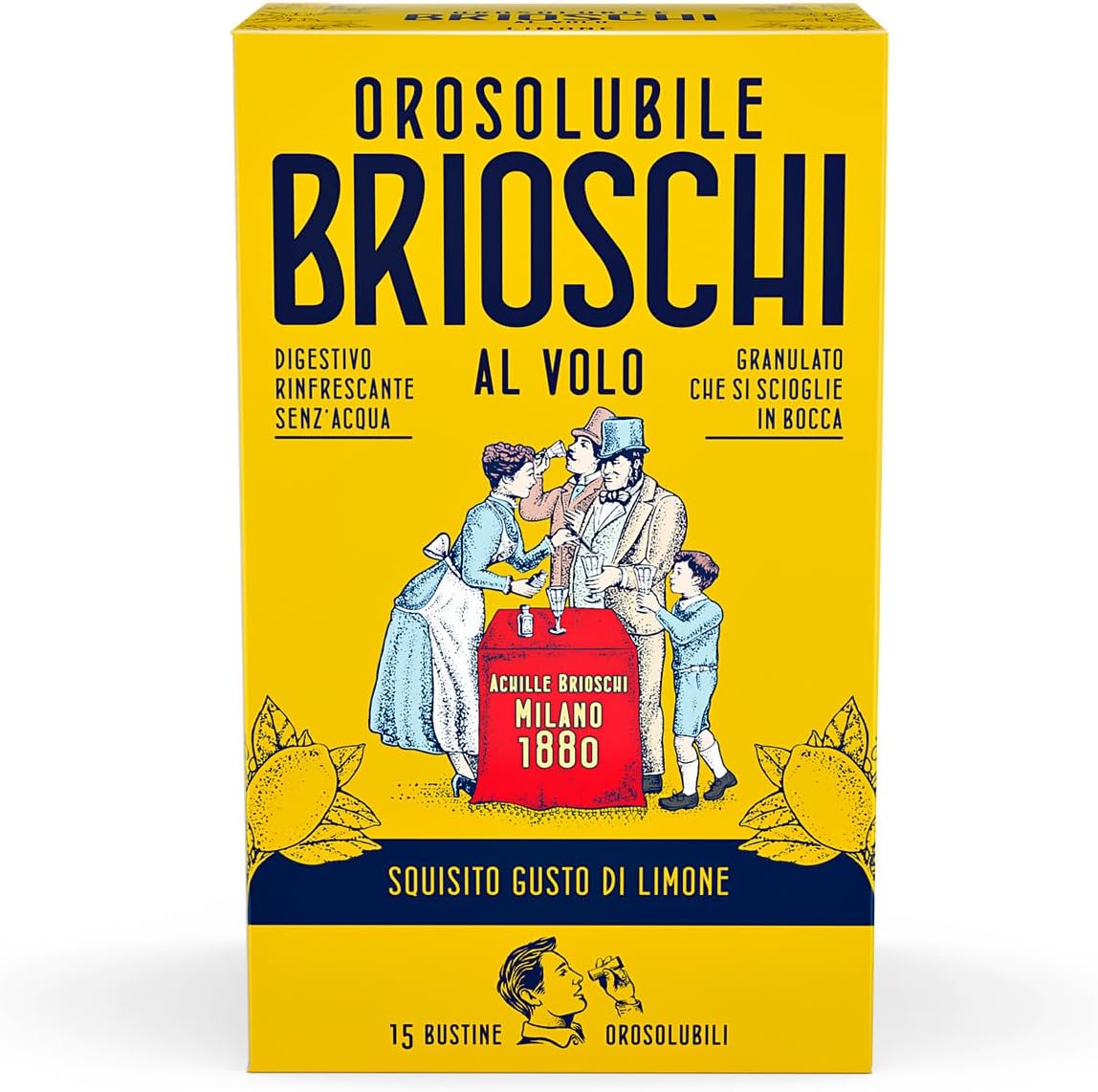 Orosolubile Brioschi al volo Limone - 15 Bustine di granulato digestivo e effervescente, da usare senz'acqua - Allo squisito gusto di limone - per un sollievo gustoso ed istantaneo - 15g