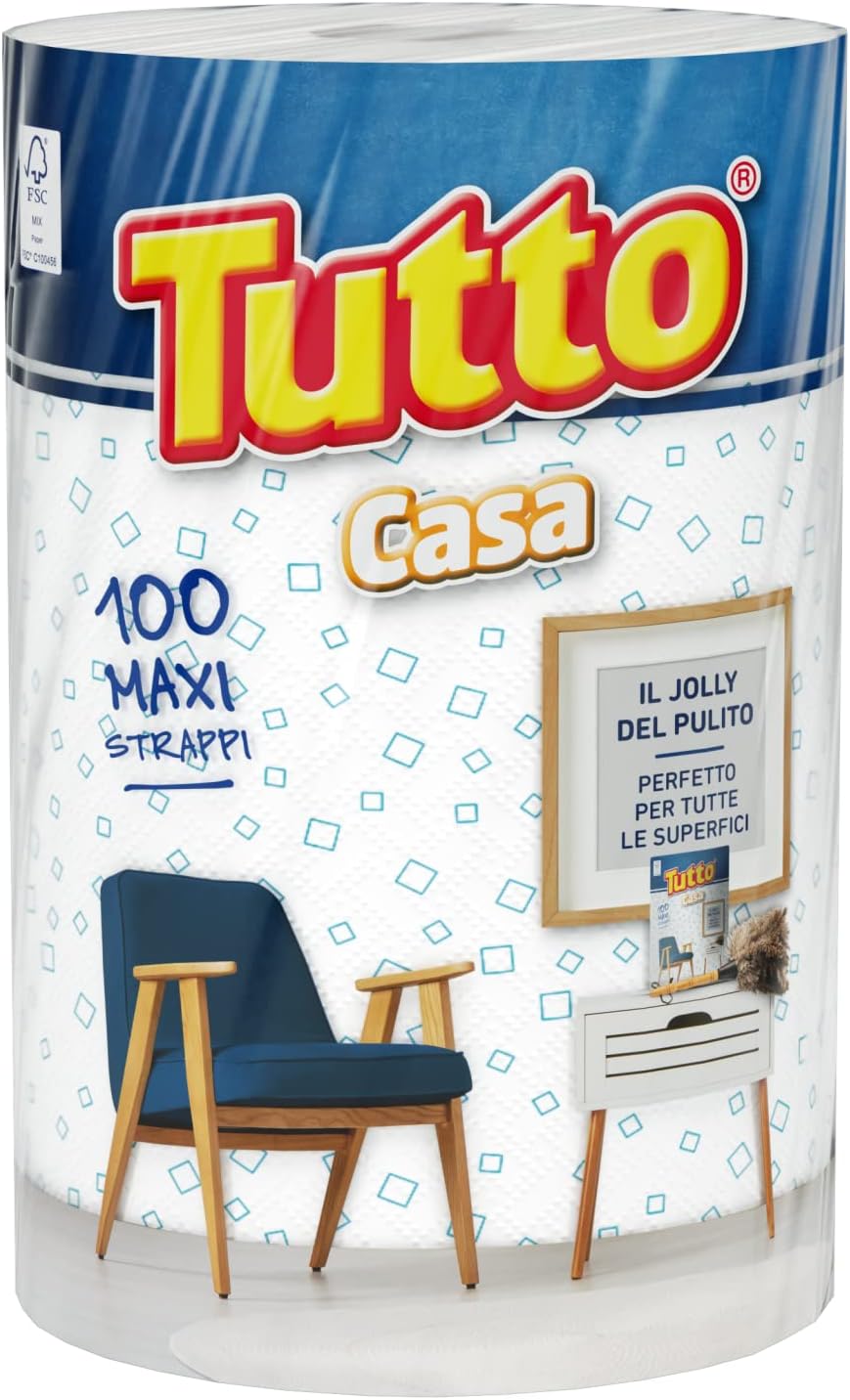 Tutto Casa, 1 Rotolo di Carta Multiuso, 3 Veli, 100* Strappi, Asciugatutto Adatto a Pulire Tutte le Superfici Senza Lasciare Tracce, 100% Made In Italy, Color Bianco