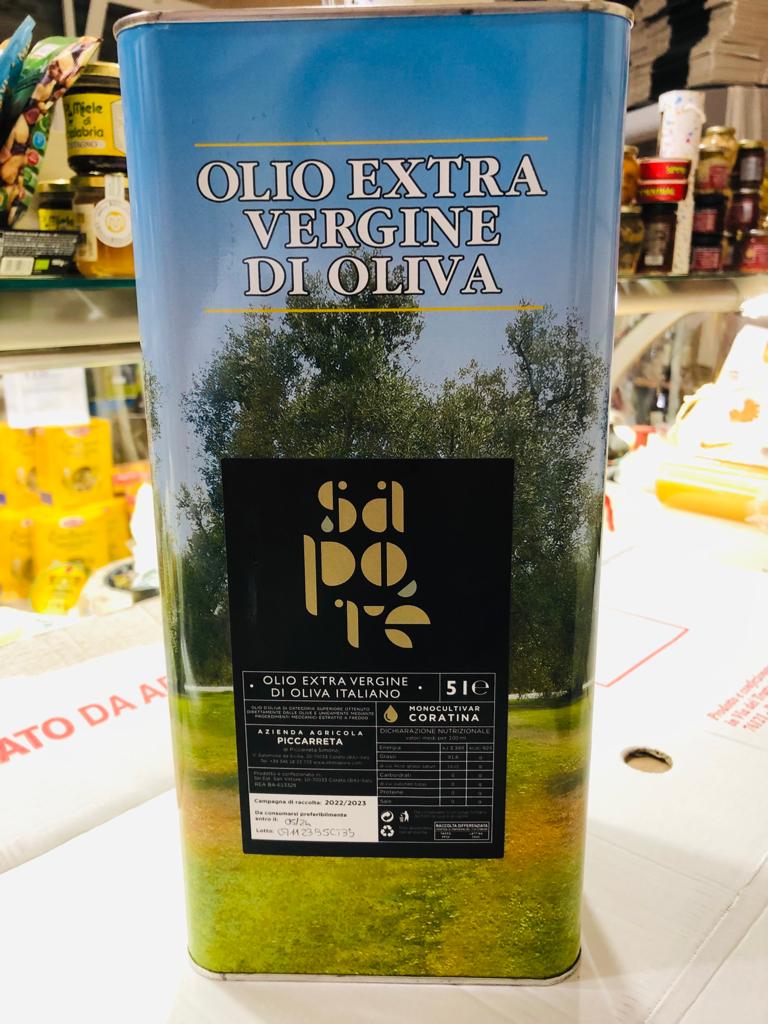 Olio extra vergine di oliva Sapore di Corato Prodotto Italiano Estratto a freddo Fruttato Intenso Latta da 5 Litri