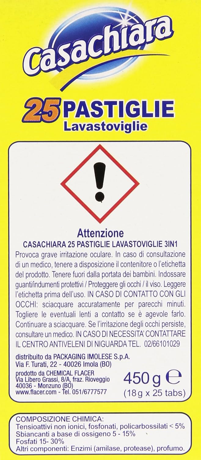 Casachiara - Detergente Igienizzante Anti calcare, 25 Pastiglie per Lavastoviglie - 450 g