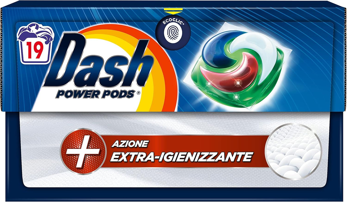 Dash Power Pods Detersivo Lavatrice In Capsule, 19 Lavaggi, Azione Extra-Igienizzante, Contro Sporco E Batteri, Efficace Anche A Freddo E In Cicli Brevi