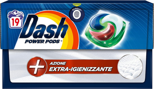 Dash Power Pods Detersivo Lavatrice In Capsule, 19 Lavaggi, Azione Extra-Igienizzante, Contro Sporco E Batteri, Efficace Anche A Freddo E In Cicli Brevi