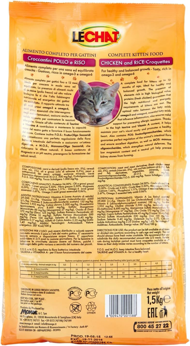 Monge NGE079 Crocchette Gattini lechat Kitten 1.5 kg con Pollo e Omega 3, Neutro, 1500 unità