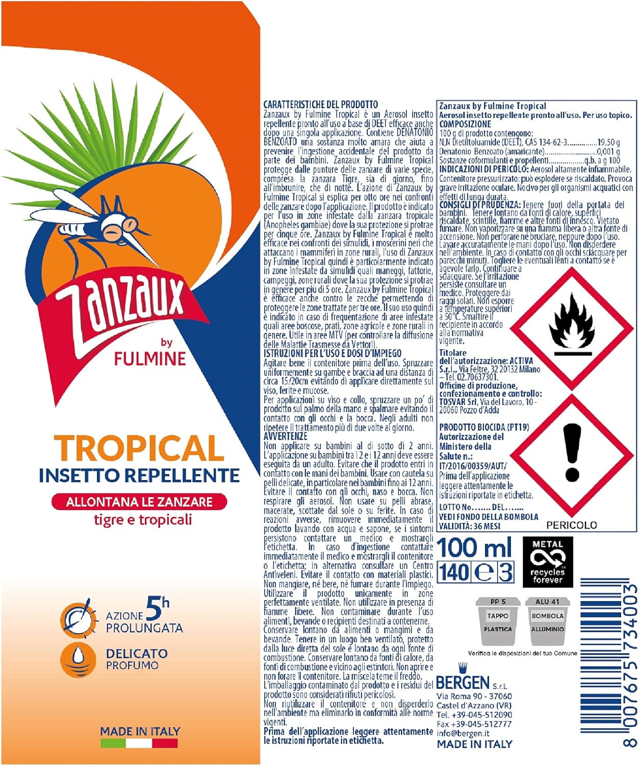 Zanzaux Tropical by Fulmine Repellente Spray Antizanzare - Insetticida Spray per Insetti Volanti - Anti Zanzare da Giardino e Interno - Efficace contro Insetti Volanti, Varie Specie di Zanzare (6)