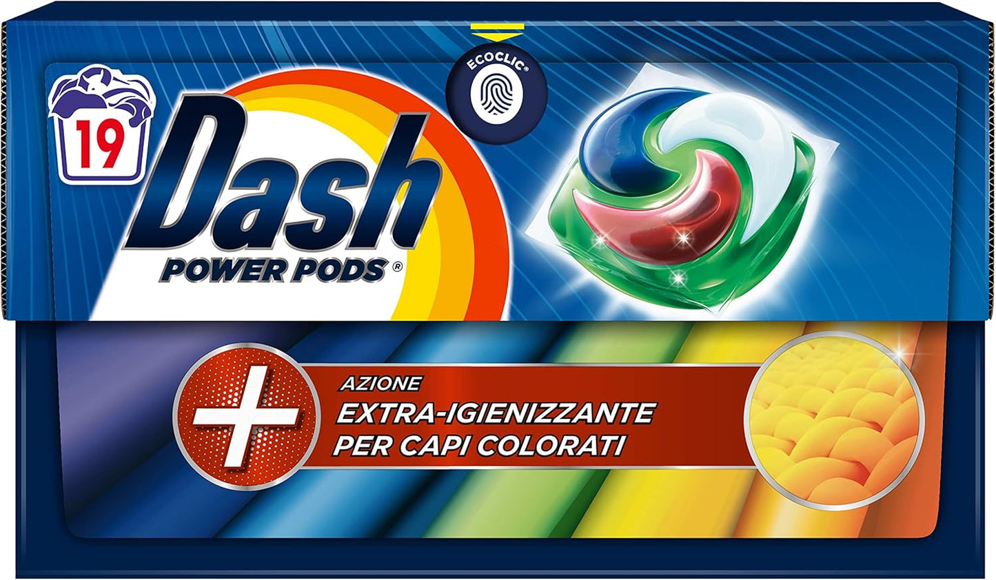 Dash Power Pods Detersivo Lavatrice In Capsule, 19 Lavaggi, Azione Extra-Igienizzante Per Capi Colorati, Contro Sporco E Batteri, Efficace Anche A Freddo E In Cicli Brevi