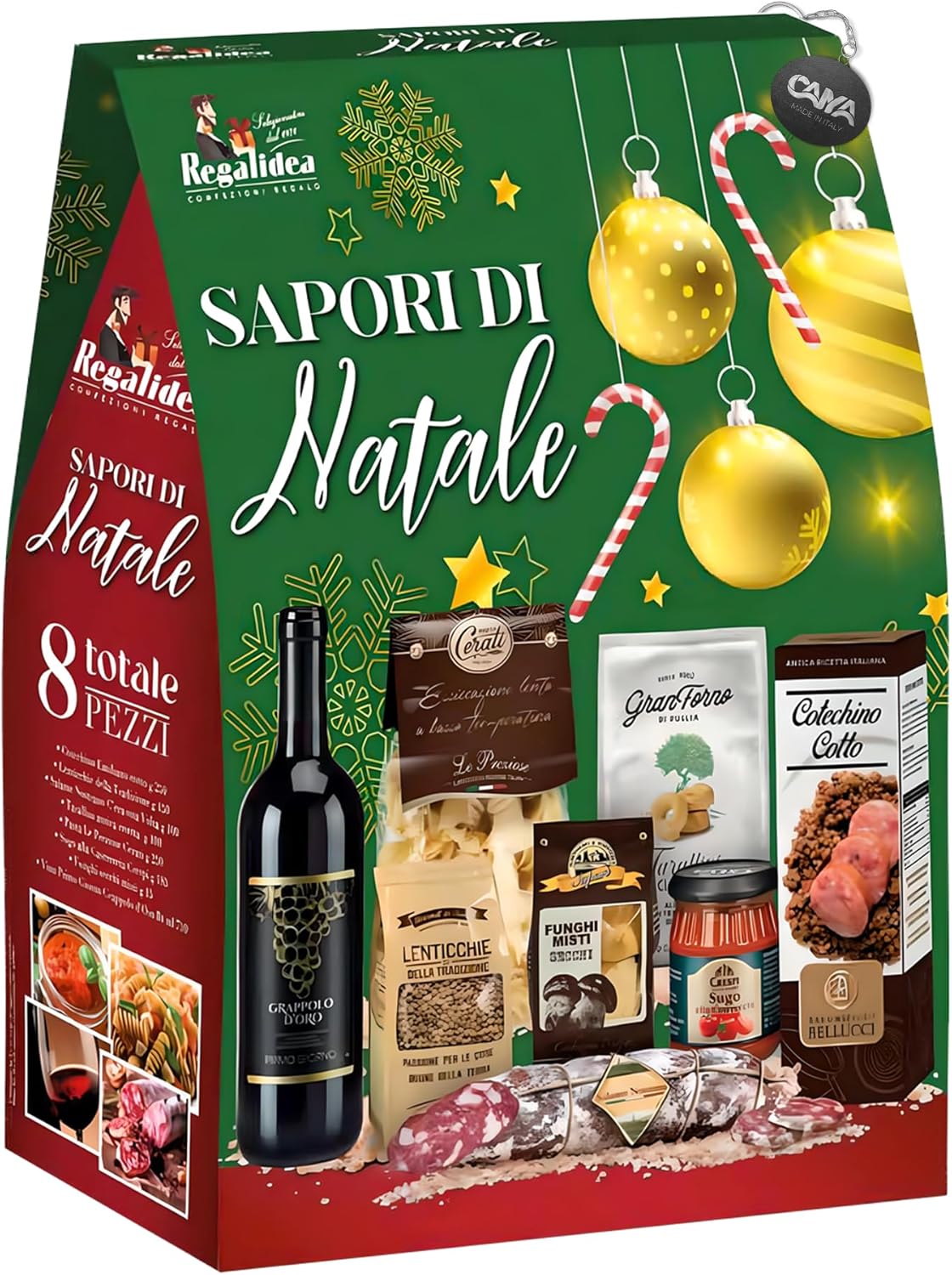 Sapori di Natale 2024 Strenna con 8 Pezzi: Cotechino, Tarallini, Pasta, Vino, Lenticchie, Funghi, Sugo e Salame, confezione per regalidea