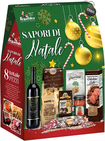 Sapori di Natale 2024 Strenna con 8 Pezzi: Cotechino, Tarallini, Pasta, Vino, Lenticchie, Funghi, Sugo e Salame, confezione per regalidea