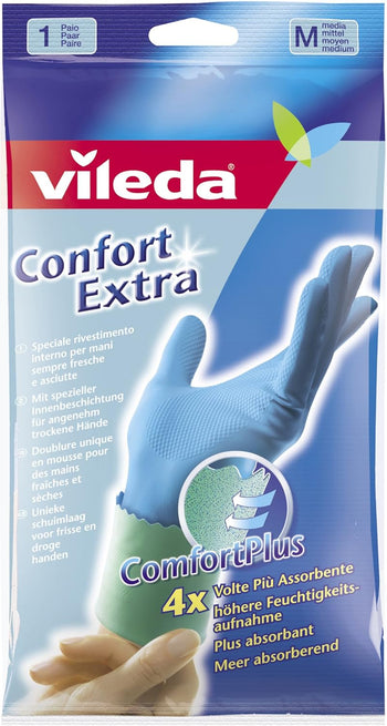 Vileda Guanti Confort Extra, Riverstimento Anti-Sudore in Schiuma di Lattice, Taglia Media, 1 Paio