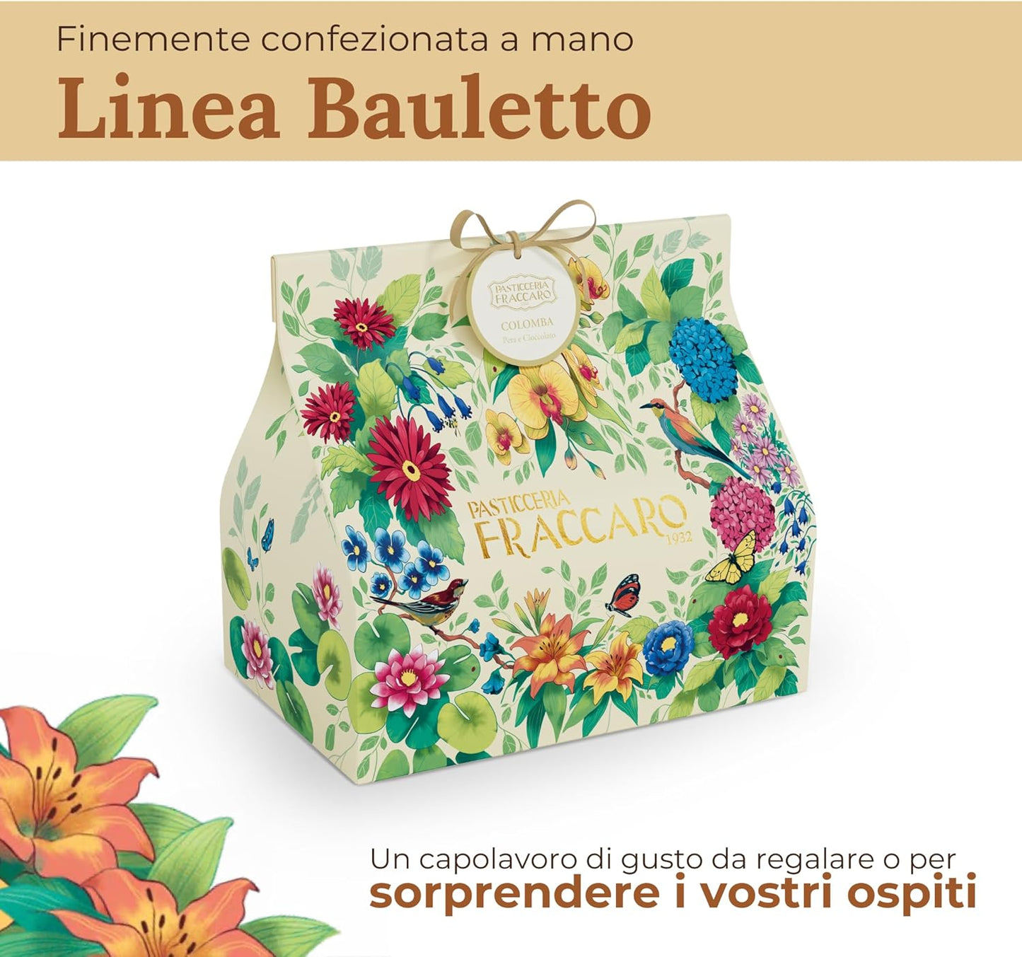 Colomba Pasquale Artigianale con Pere e Cioccolato, 750gr - Pasticceria Fraccaro 1932, Dolce Pasquale con Impasto Morbido e Fragrante, Pere Candite e Gocce di Cioccolato - Linea Bauletto