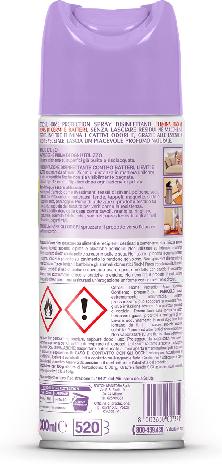 Citrosil Home Protection - Spray Disinfettante con Vere Essenze di Lavanda, Superfici Multiuso, Elimina Fino al 99,9% dei Batteri, 300 ml