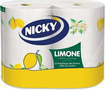 Nicky Limone Carta Cucina - 2 Rotoli da 100 Fogli Assorbenti a 2 Veli, Spessa e Resistente, Fresco Profumo di Limone, Carta 100% Certificata FSC®