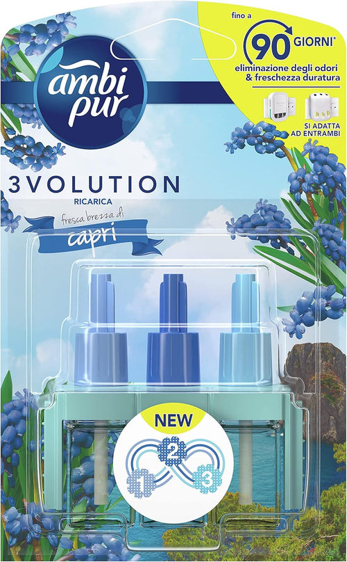 Ambi Pur 3Volution Profumatore per Ambienti, 1 Ricarica per Diffurore Elettrico, Fragranza Fresca Brezza di Capri, tecnologia Elimina Odori, Fino a 90 Giorni di Profumo per Ricarica