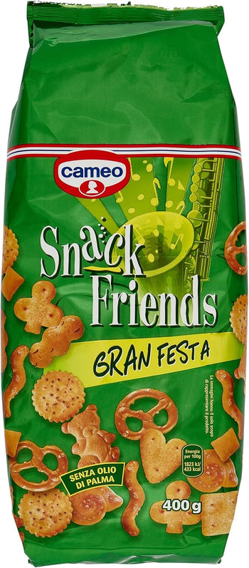 Cameo Snack Friends Gran Festa 400 g, Assortimento di Biscotti Salati per Aperitivi, Fragranti Salatini da Gustare con gli Amici, Senza Olio di Palma, Formato Busta da 400 g Complessivi