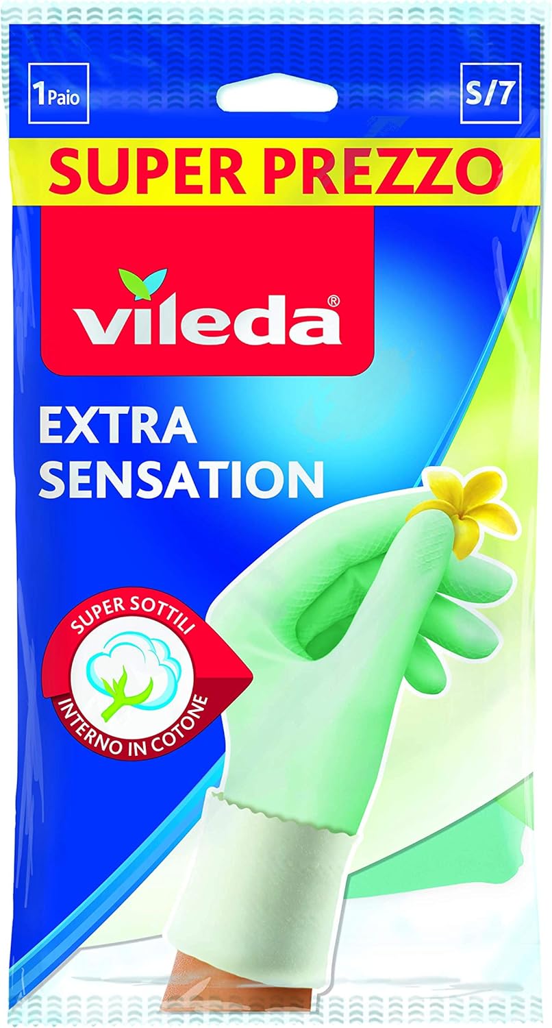 Vileda Extra Sensation guanti in lattice con rivestimento interno in cotone massima sensibilità al tatto adatto per i lavori domestici più delicati vestibilità aderentetremisureS-M-Lconfezione da 1 pz