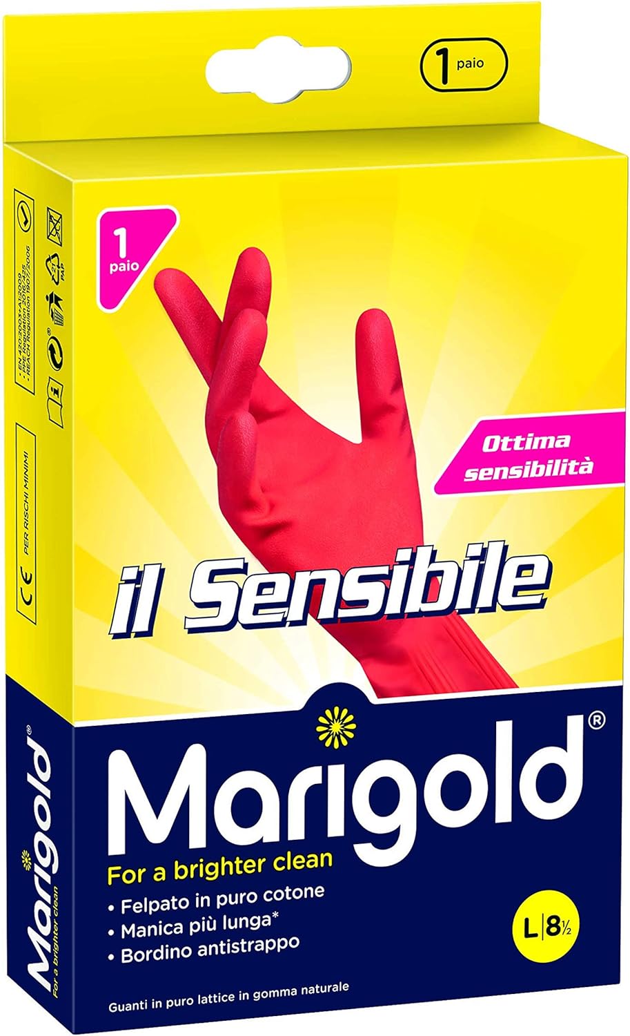 Marigold Il Sensibile Guanto, Minimo Spessore, Felpato in Puro Cotone, Manica Lunga con Bordino Frenagocce Antistrappo, Large