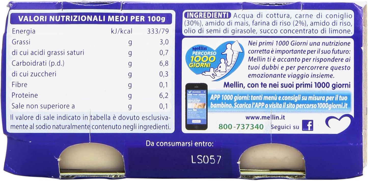 Mellin - Alimento per l'infanzia, omogenizzato con carne di coniglio e farina di riso - 160 g 2 vasetti