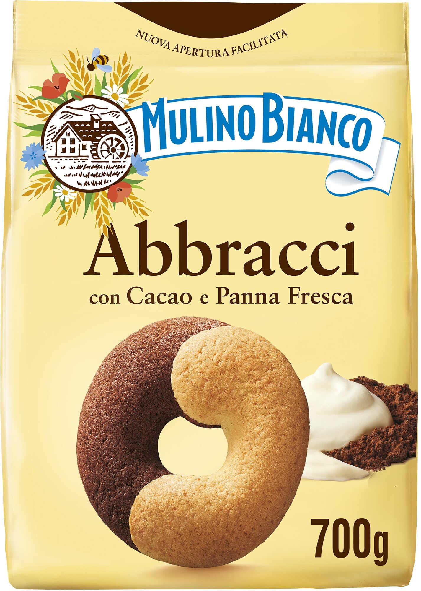 Mulino Bianco Biscotti Frollini Abbracci con Cacao e Panna Fresca, Senza Olio di Palma, Colazione Ricca di Gusto, 700 g (Confezione da 2)