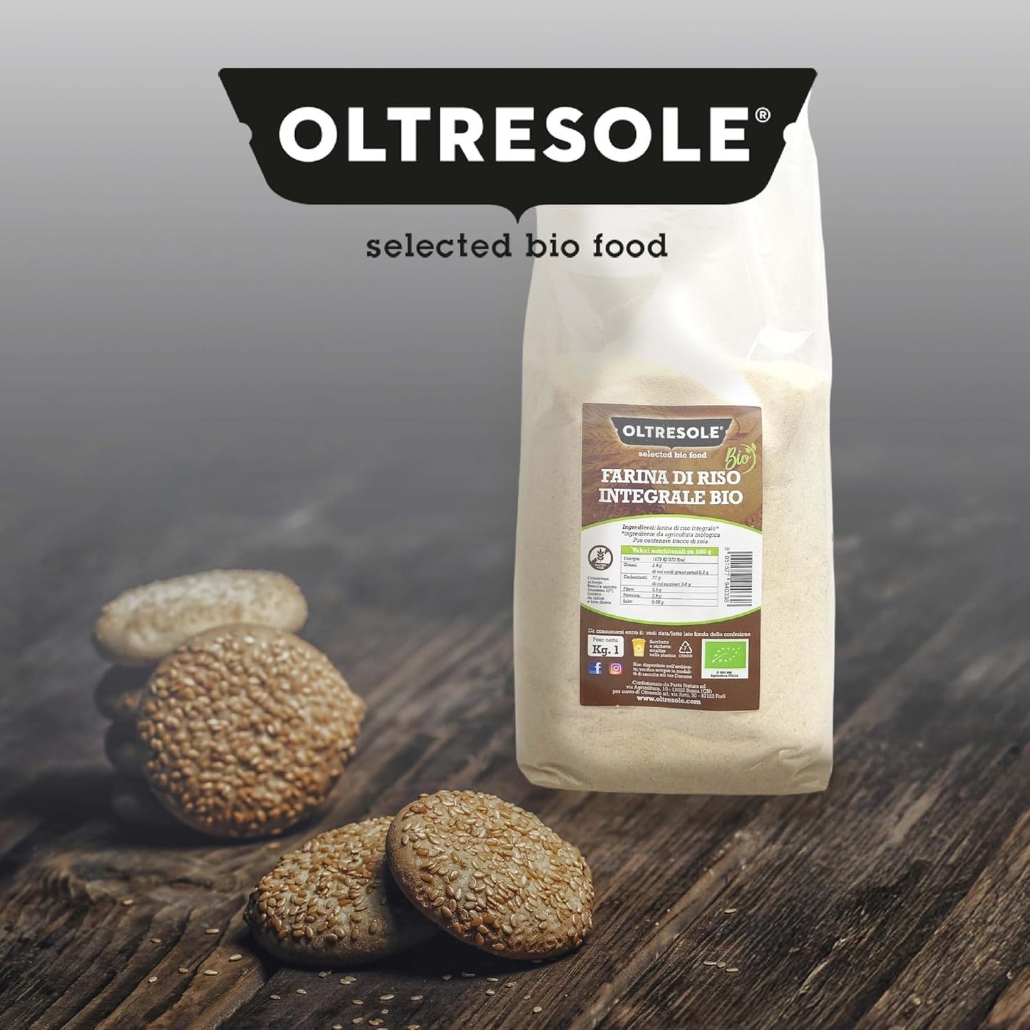 Oltresole, Farina Italiana di Riso Integrale Biologica 1 Kg, Farina Integrale Senza Glutine, 100% Made in Italy, Ideale per Dolci, Salati, Biscotti, Vegano e Celiaci