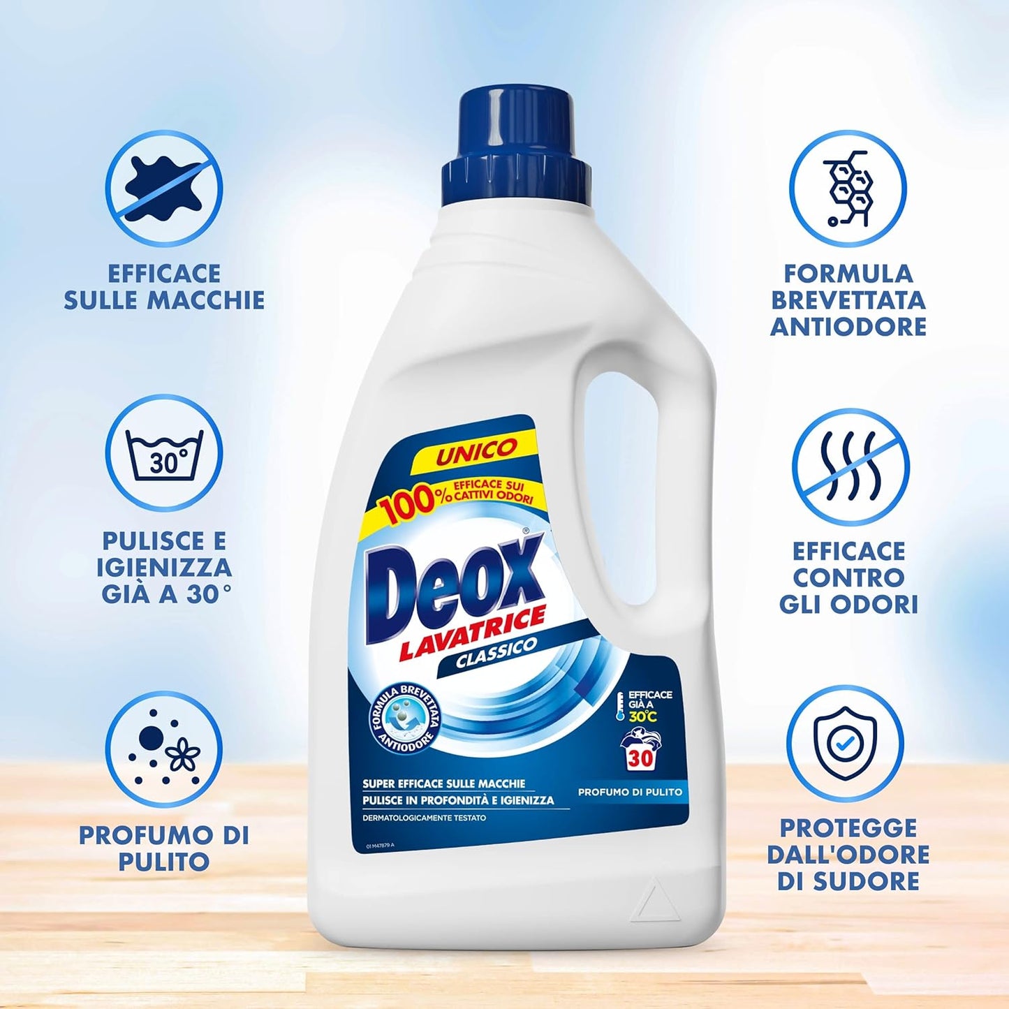 Deox - Detersivo Lavatrice Liquido Classico, 30 Lavaggi, Smacchia e Igienizza, con Formula Antiodore, 1500ml x 1 Confezione