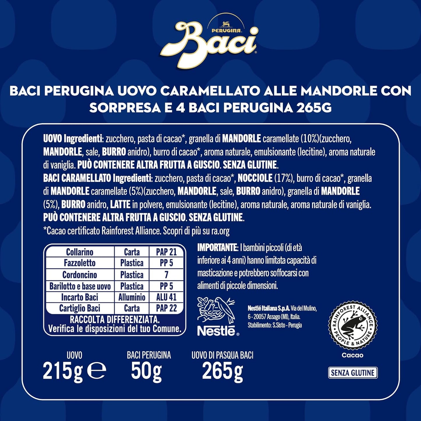 BACI PERUGINA Uovo di Pasqua 2025 Cioccolato Caramellato alle Mandorle con Sorpresa e 4 Cioccolatini 265g