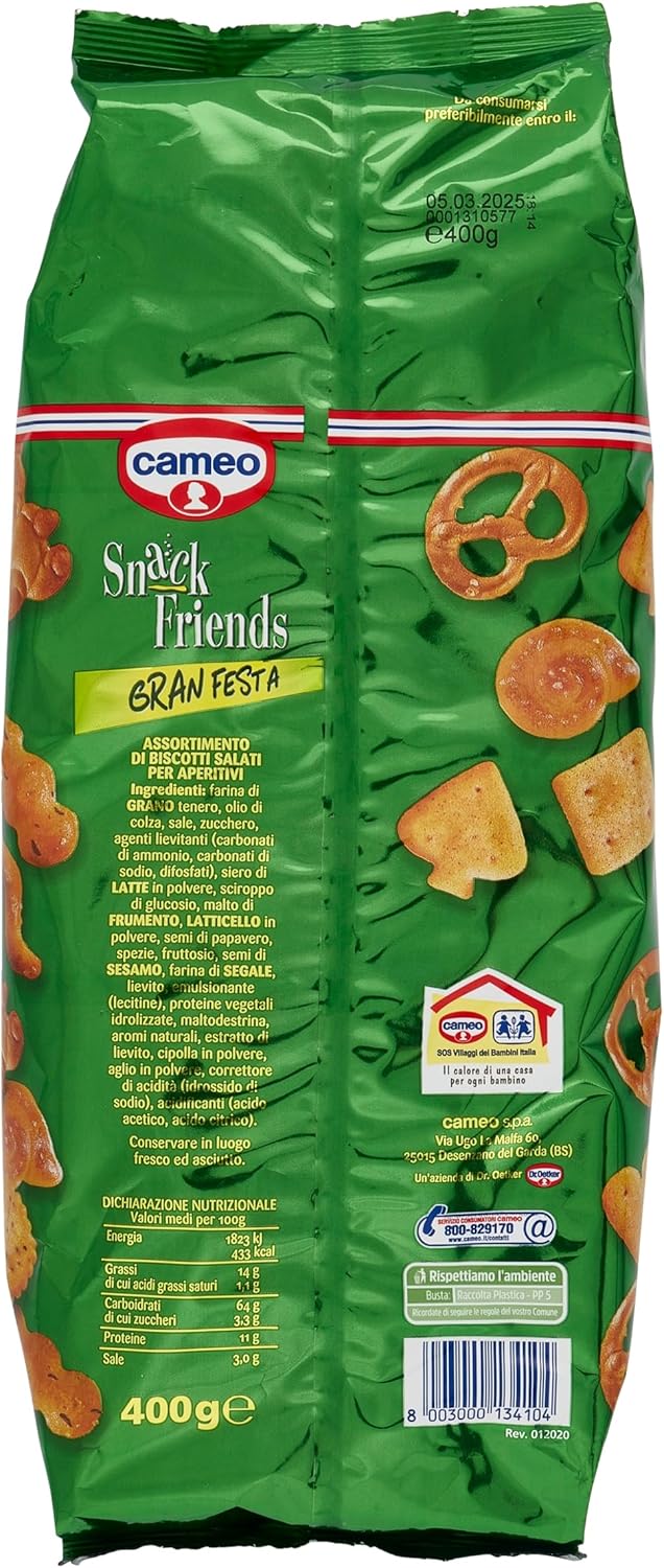 Cameo Snack Friends Gran Festa 400 g, Assortimento di Biscotti Salati per Aperitivi, Fragranti Salatini da Gustare con gli Amici, Senza Olio di Palma, Formato Busta da 400 g Complessivi