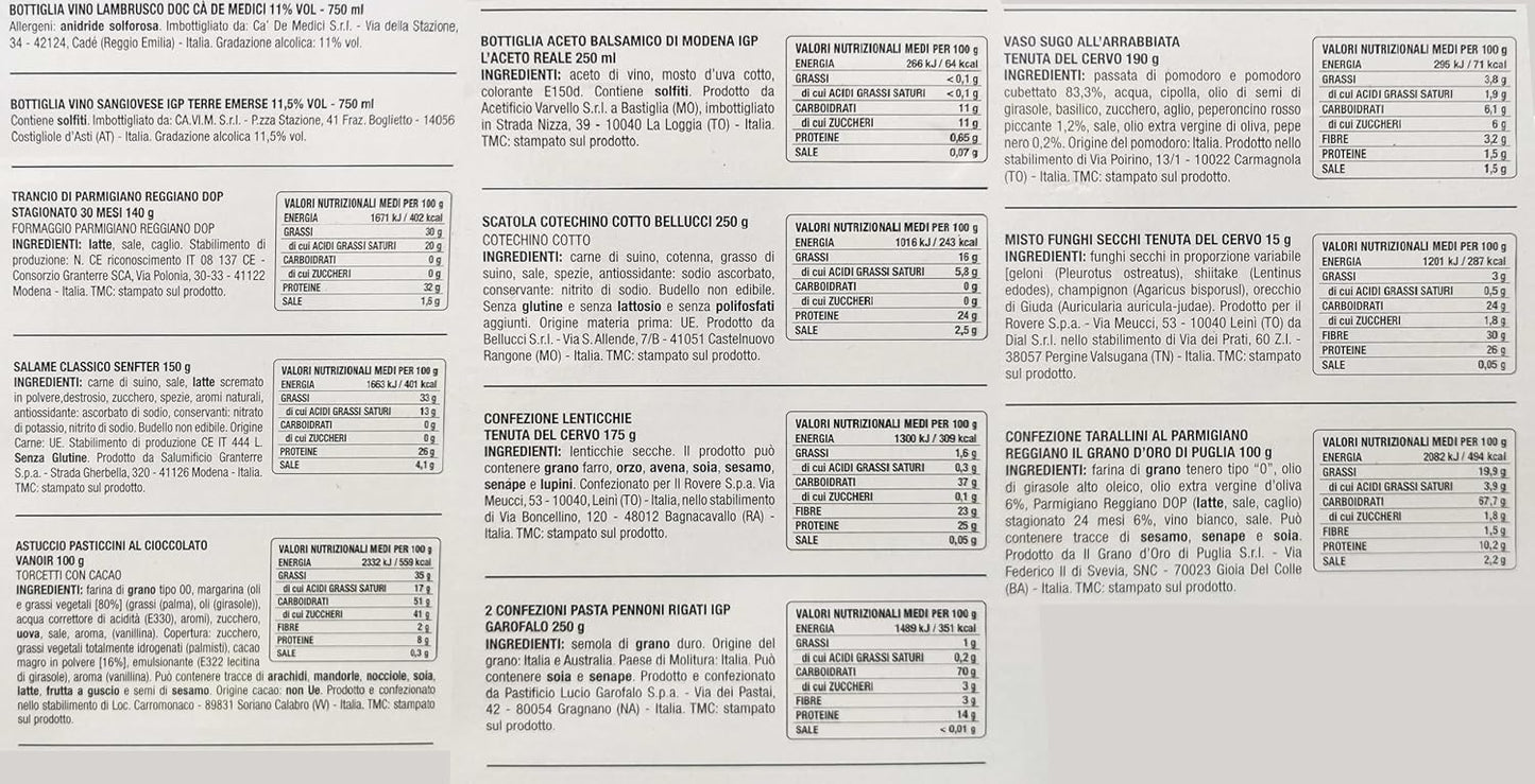 Le Cadeau Cesto Gran Emilia 2024 con 15 Pezzi: Spumante, Parmigiano Reggiano, Salame, Aceto, Cotechino, Lenticchie, Pasta, Sugo, Funghi, Vino, Tarallini