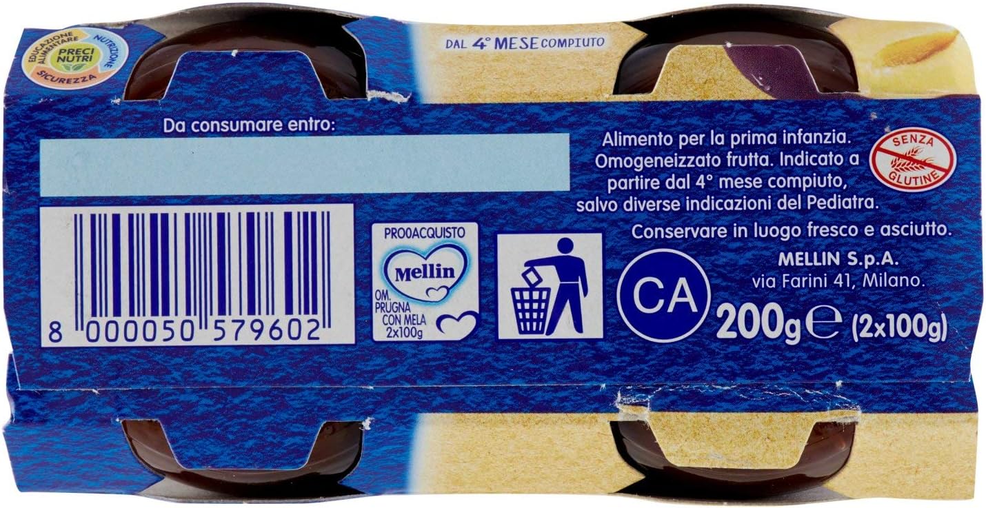 Mellin Omogeneizzato Prugna con Mela, 2 x 100g