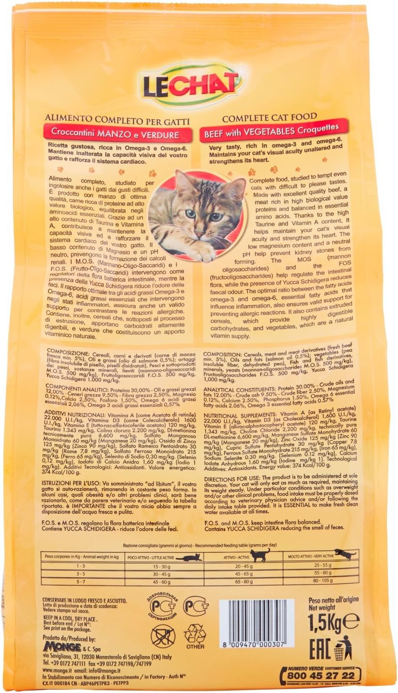 Monge Le Chat Alimento Completo per Gatti, Manzo e Vedure, 1.5kg