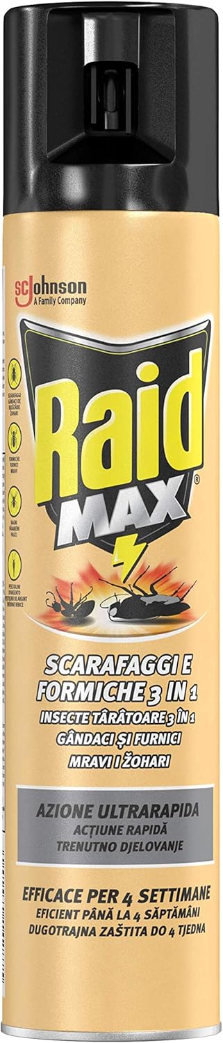 Raid Max Scarafaggi e Formiche 3 in 1, Spray Insetticida, Efficace per 4 Settimane, 1 Confezione da 300ml