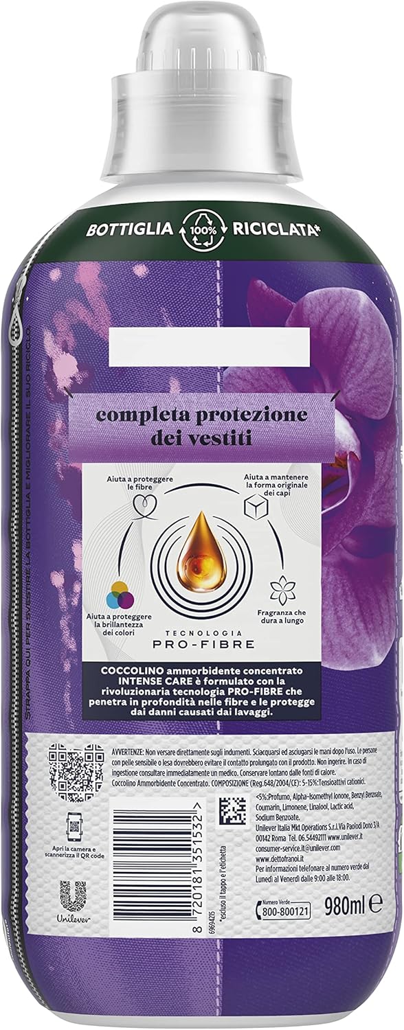 Coccolino Ammorbidente Concentrato Orchidea Viola e Mirtilli, Ammorbidente Lavatrice Intense Care con Tecnologia Pro-Fibre, Formato Fino a 42 Lavaggi, 980 ml