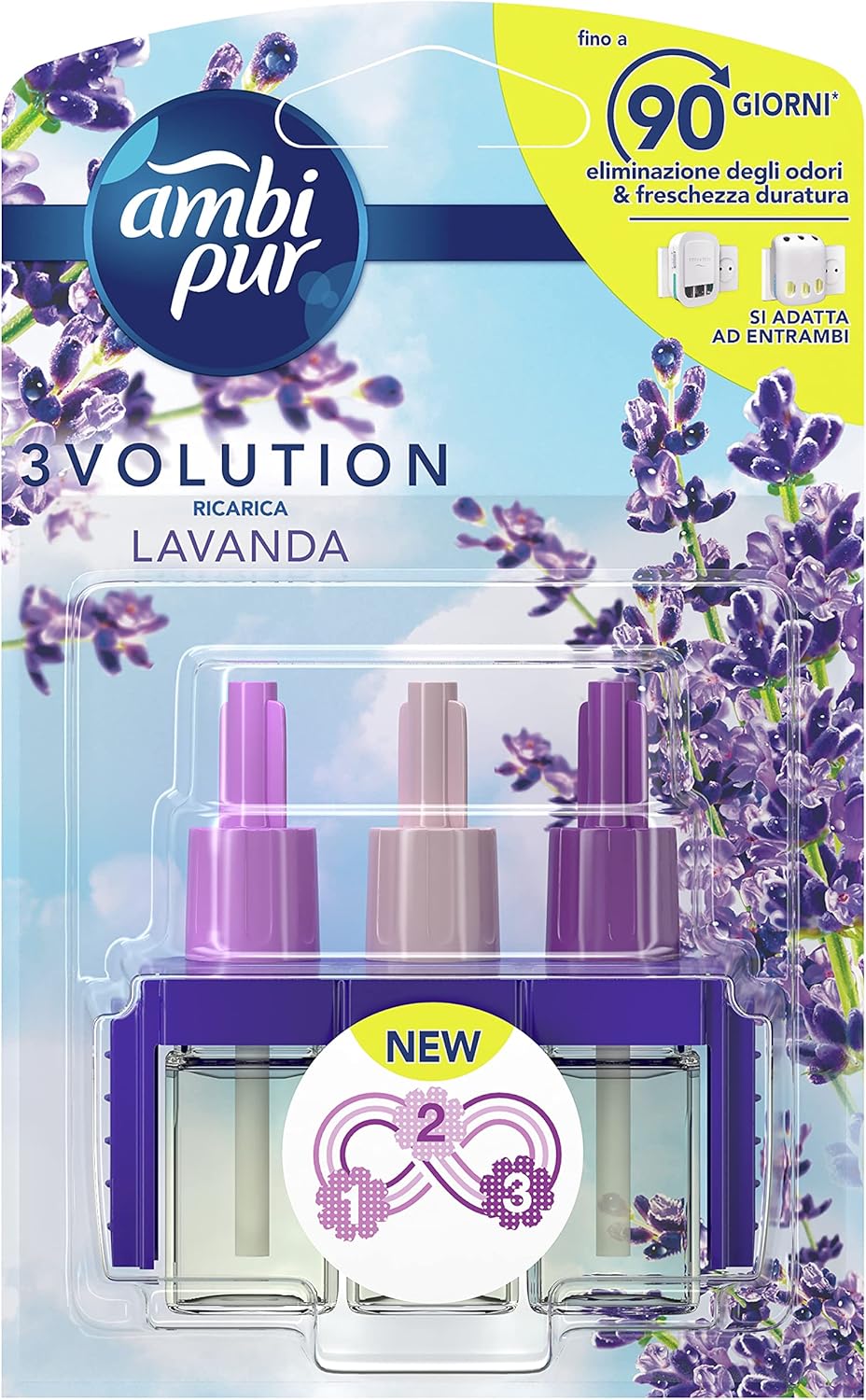 Ambi Pur 3Volution Lavanda Ricarica Deodorante per Ambienti Con Diffusore Elettrico 20ml, 3 Diverse Fragranze per Eliminare Gli Odori