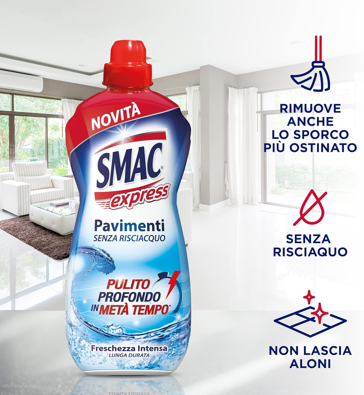 Smac Express - Pavimenti Freschezza Intensa, Detergente Multisuperficie, Azione Pulente Senza Risciacquo, 1000 ml