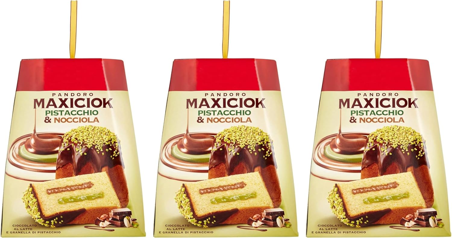 3X Pandoro MaxiCiok con Granella di Pistacchio, Nocciole e Cioccolato a Latte 800 g con Portachiavi RASPADA [3 Pezzi]