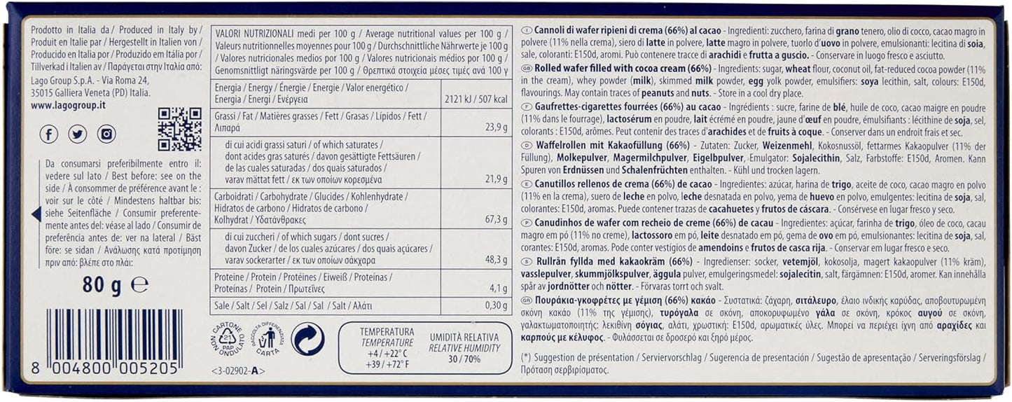 Lago 1968, Roll Break 80g, Cannoli di Wafer Ripieni di Crema Cacao 66%