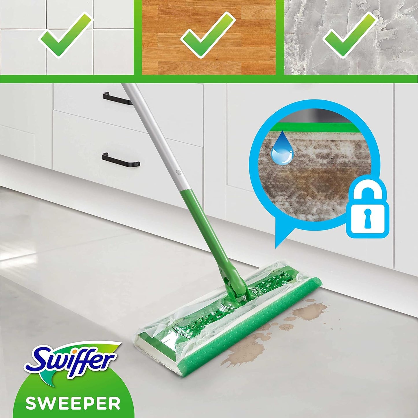 Swiffer Lavapavimenti, 1 Scopa E 8 Panni Microfibra Catturapolvere Dry E 3 Panni Wet, Cattura Polvere E Sporco Con I Suoi Panni In Microfibra, Lava Pavimenti Casa, Rimuove Sporco E Batteri