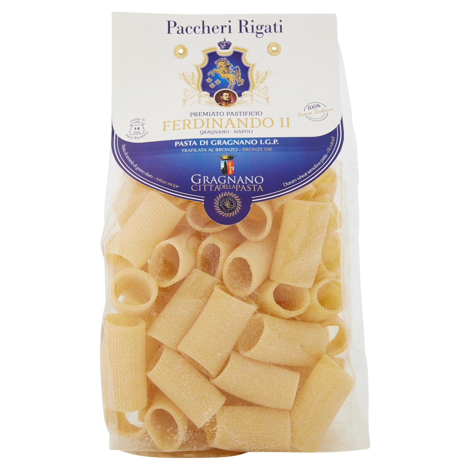 500GR PASTA DI GRAGNANO IGP FERDINANDO II PACCHERI RIGATI TRAFILATA AL BRONZO