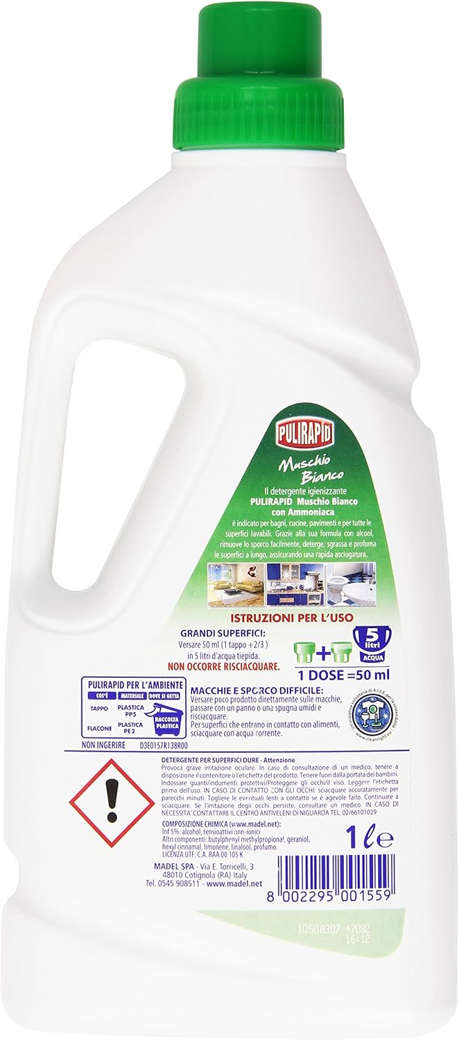 pulirapid Detergente disinfettante per tutta la casa con ammoniaca, aroma di muschio bianco, 1000 ml, confezione da 8