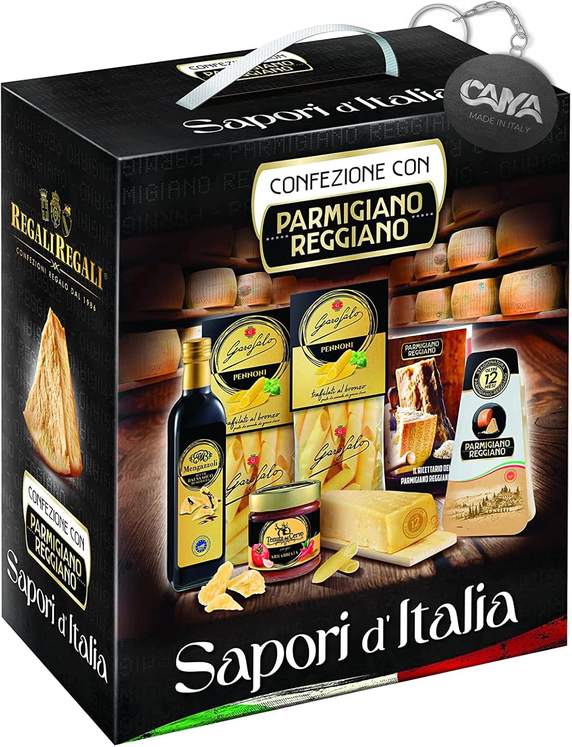 Le Cadeau Sapori d'Italia Scatola Regalo con 6 pezzi: Parmigiano Reggiano, Pasta, Sugo Arrabbiata, Aceto Balsamico, Miniricettario Consorzio Parmigiano