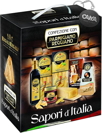 Le Cadeau Sapori d'Italia Scatola Regalo con 6 pezzi: Parmigiano Reggiano, Pasta, Sugo Arrabbiata, Aceto Balsamico, Miniricettario Consorzio Parmigiano